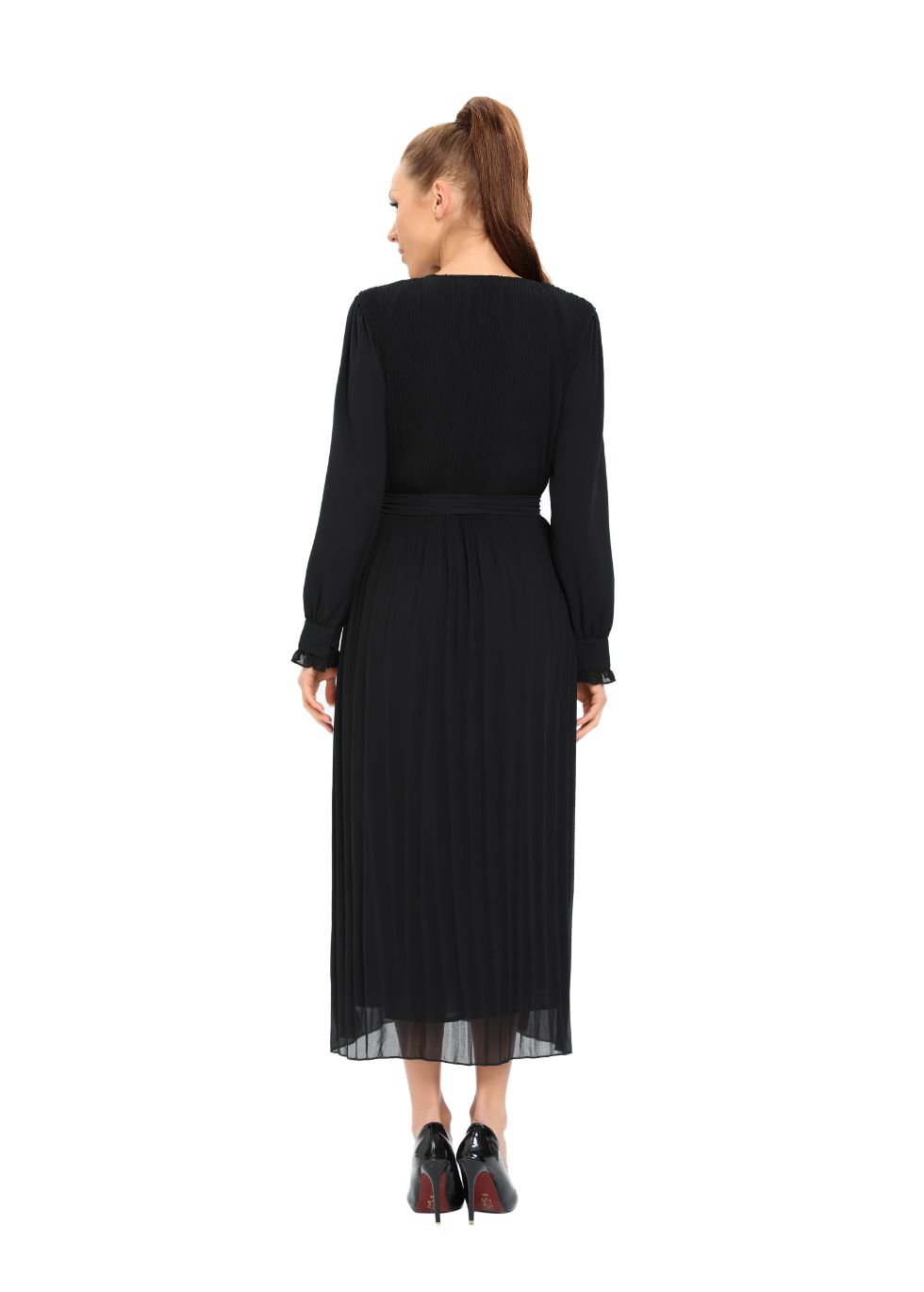 Elegant Black Micro Pleat Dress with Cuffs - seilerlanguageservices