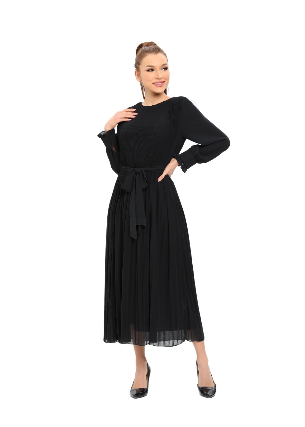 Elegant Black Micro Pleat Dress with Cuffs - seilerlanguageservices