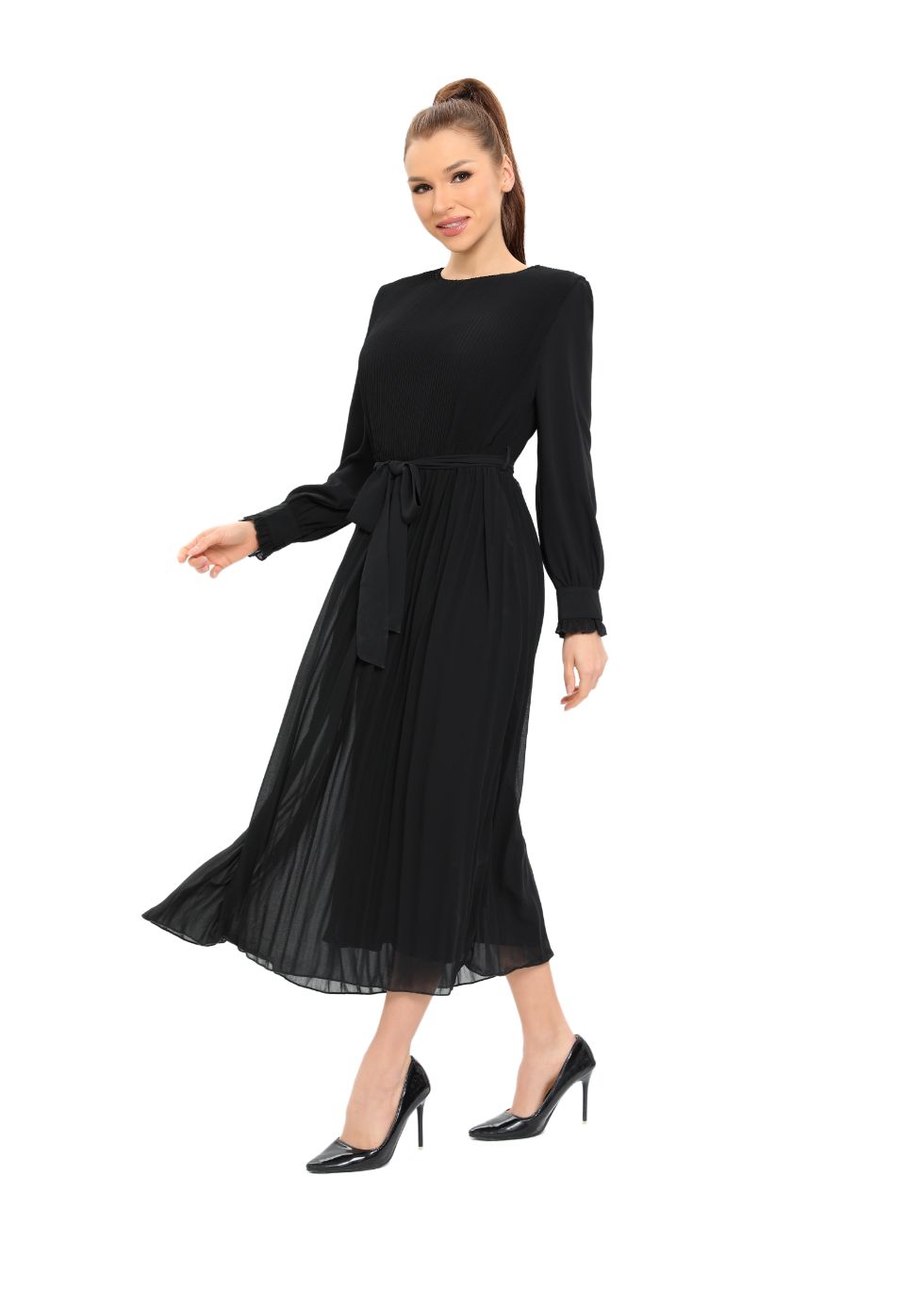 Elegant Black Micro Pleat Dress with Cuffs - seilerlanguageservices