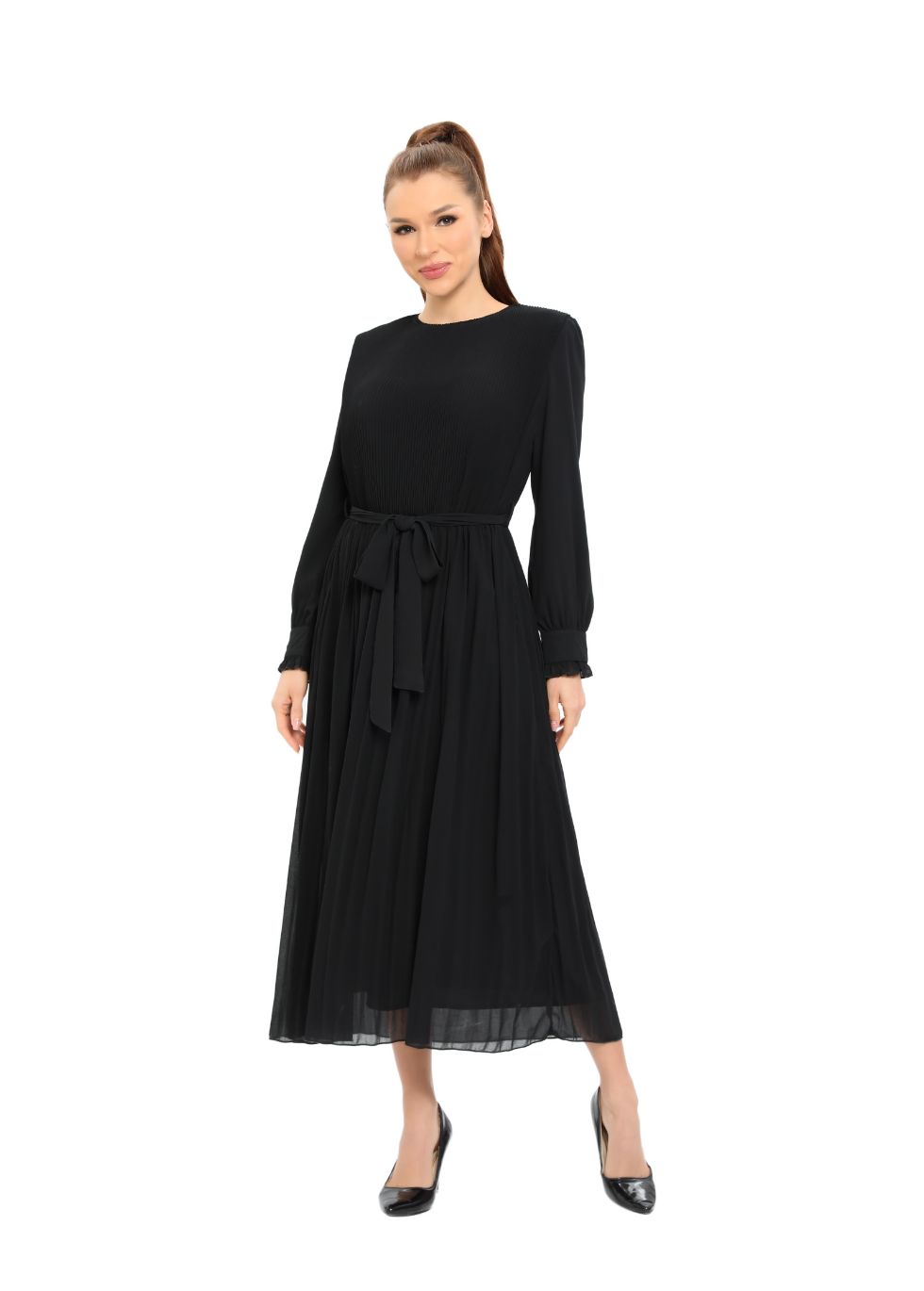 Elegant Black Micro Pleat Dress with Cuffs - seilerlanguageservices