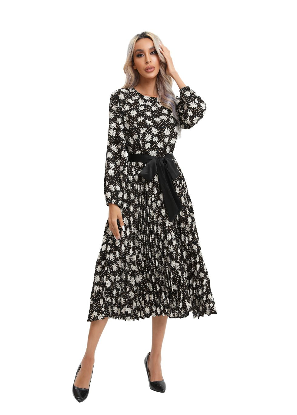 Modest Floral Midi Dress with Front Tie - alamaud