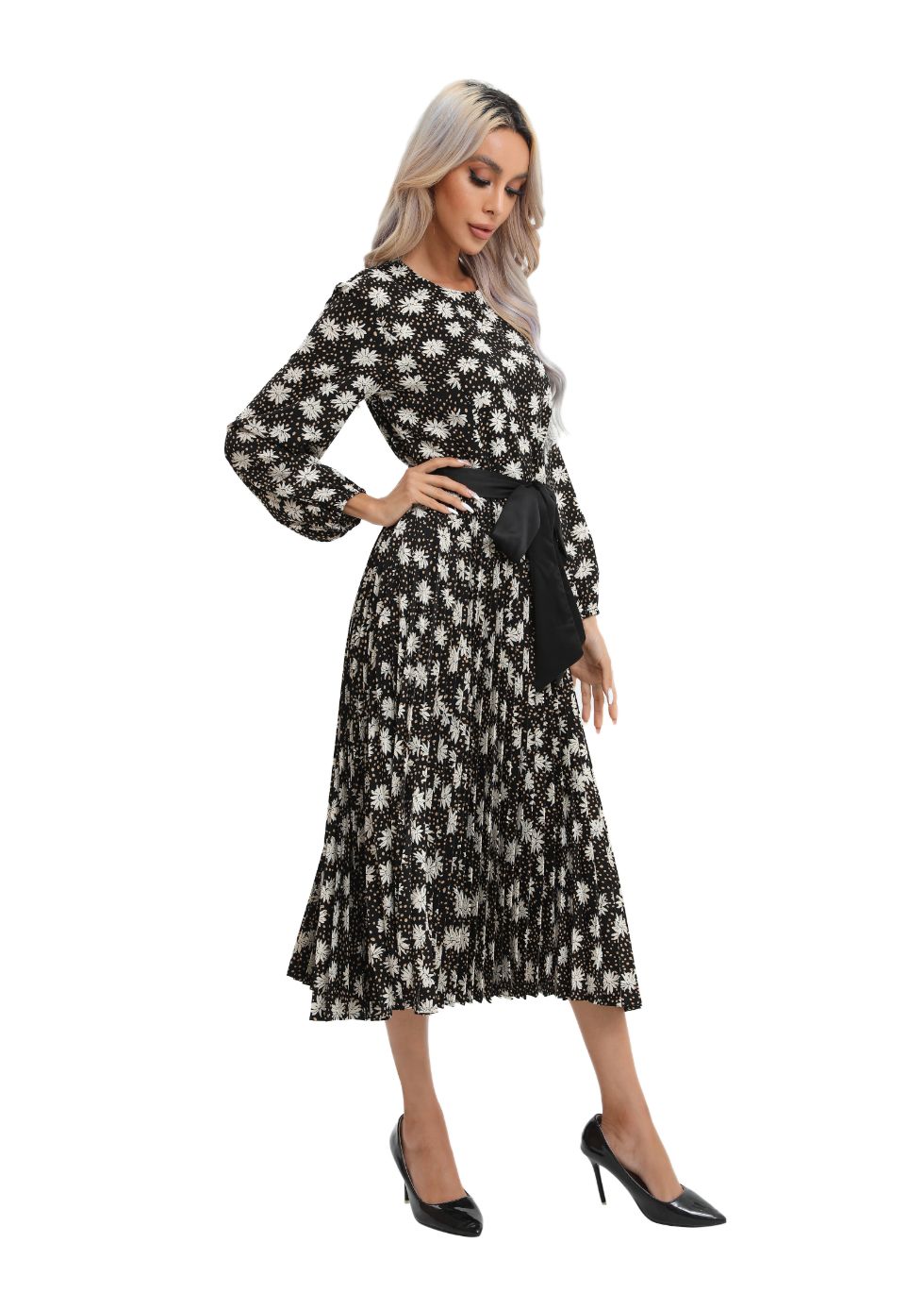 Modest Floral Midi Dress with Front Tie - alamaud
