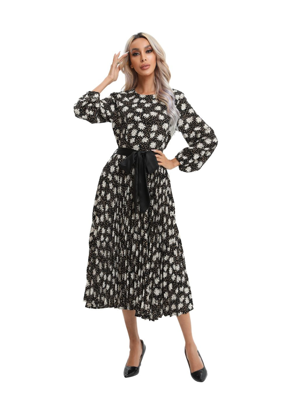 Modest Floral Midi Dress with Front Tie - alamaud