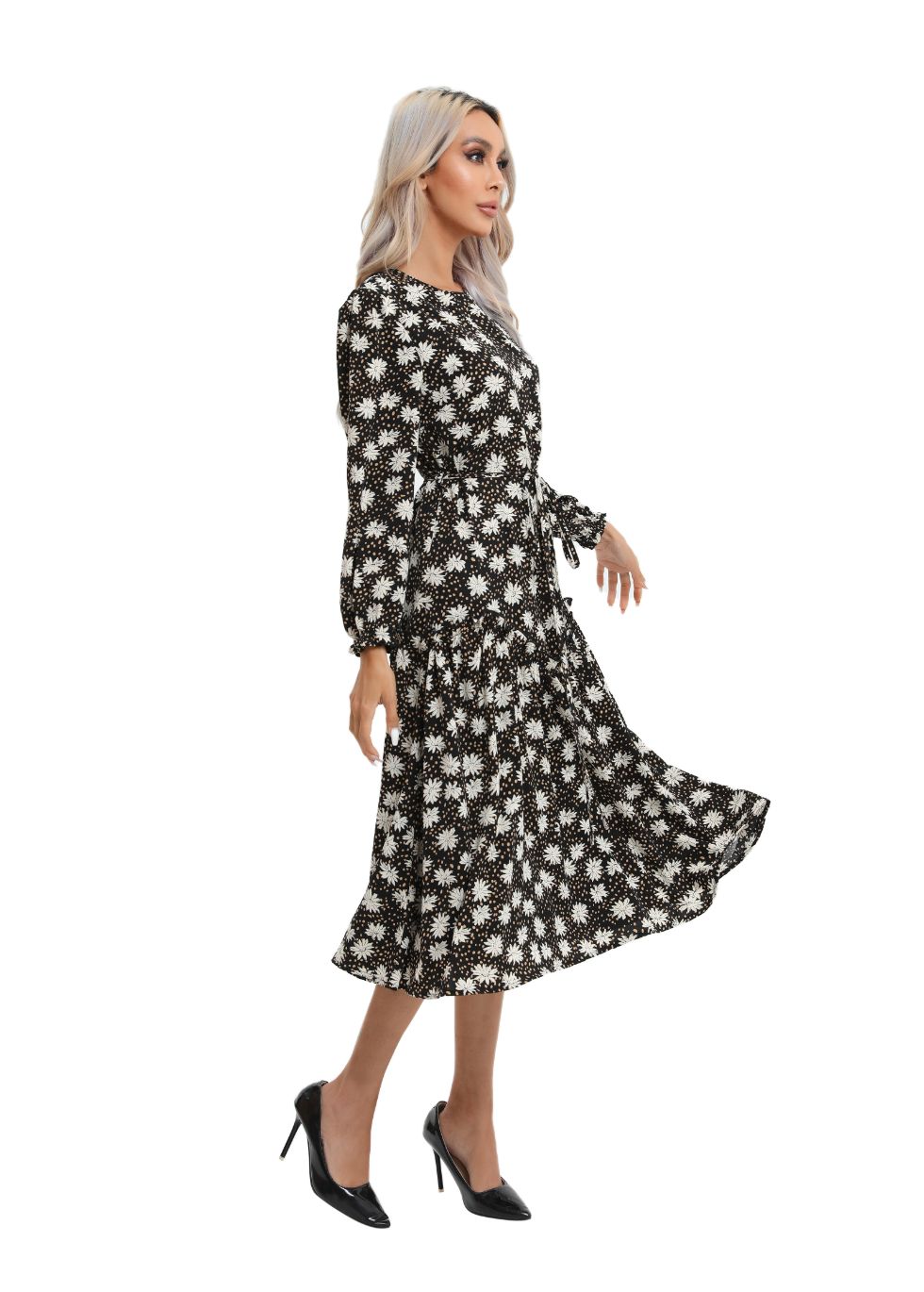 Modest Floral Midi Dress with Light Front Tie - alamaud