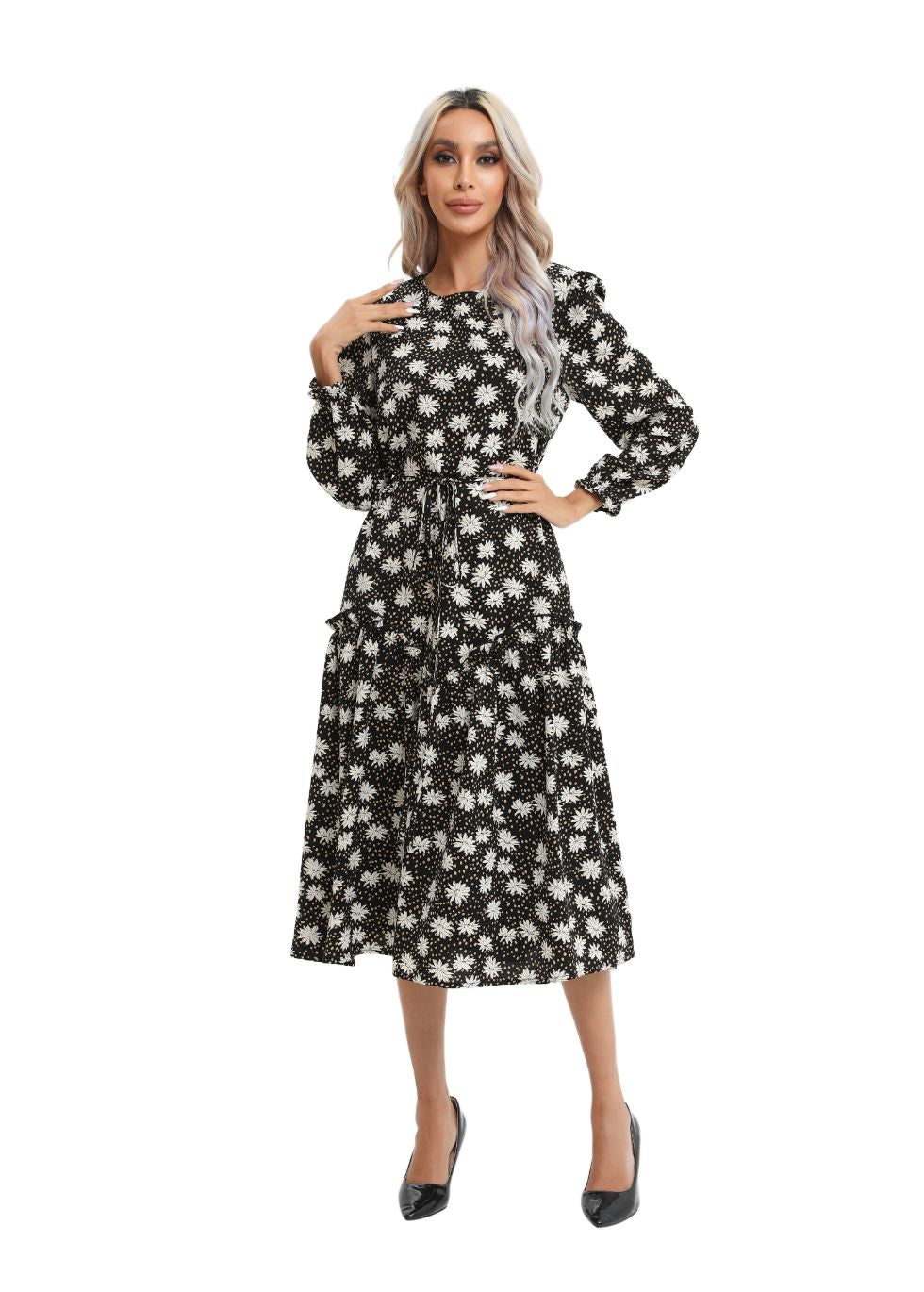 Modest Floral Midi Dress with Light Front Tie - seilerlanguageservices