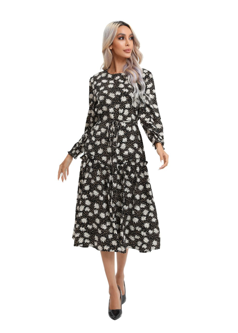 Modest Floral Midi Dress with Light Front Tie - seilerlanguageservices