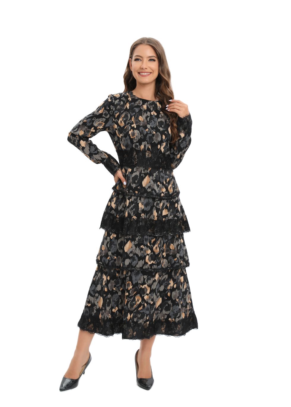 Pleated Print Lace Midi Dress - seilerlanguageservices