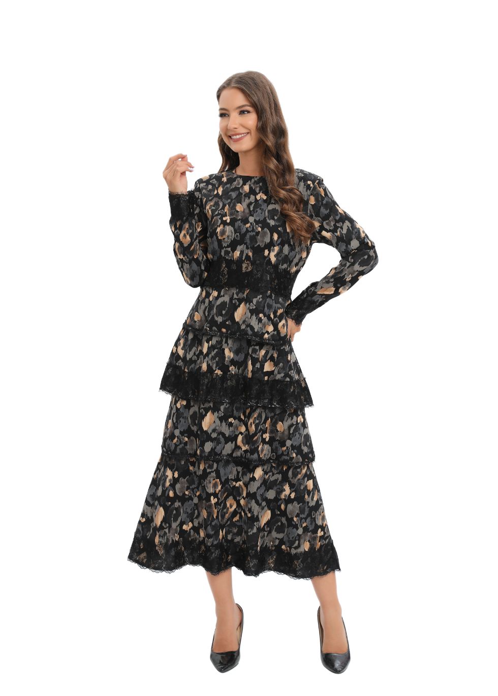 Pleated Print Lace Midi Dress - seilerlanguageservices