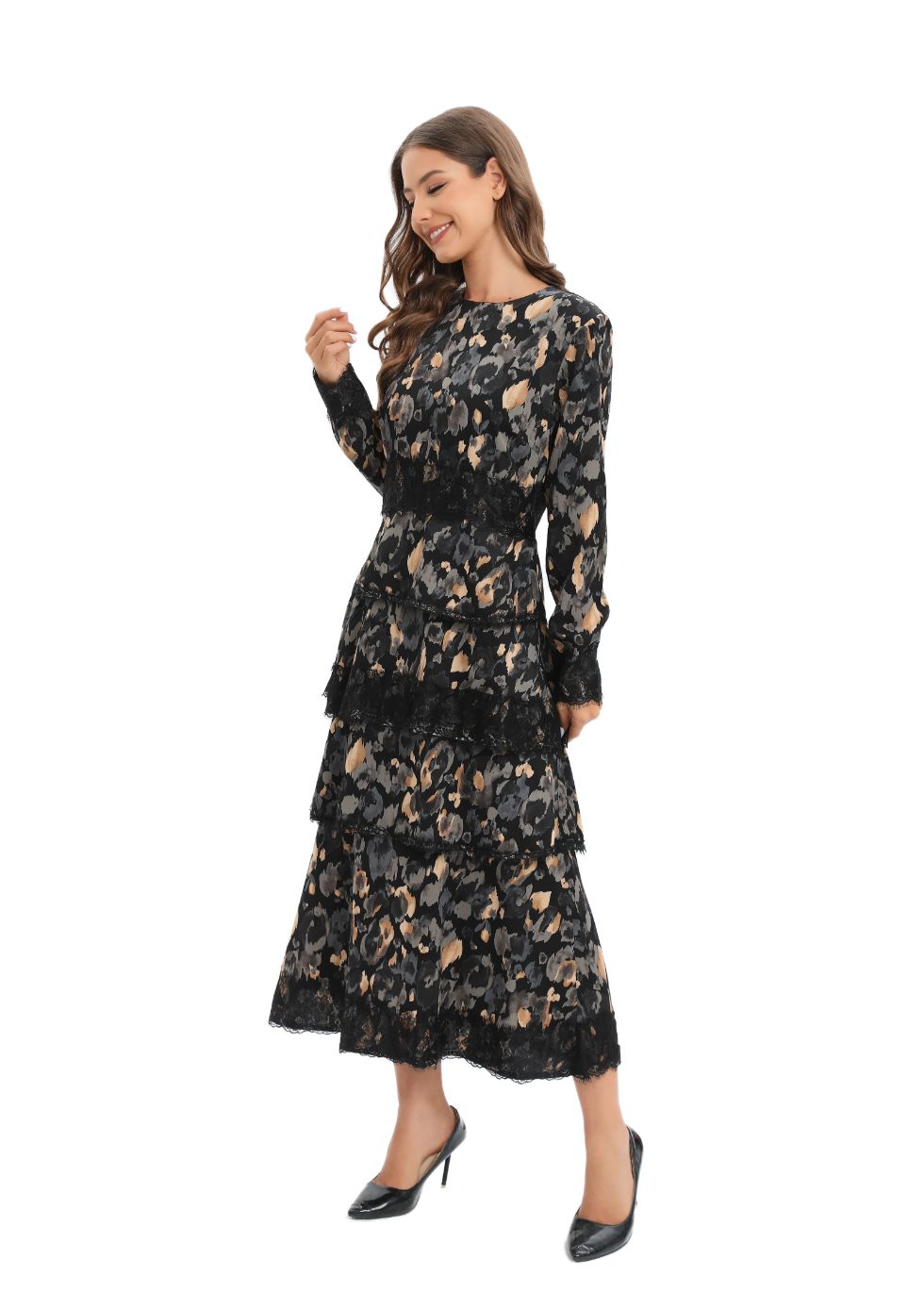 Pleated Print Lace Midi Dress - seilerlanguageservices