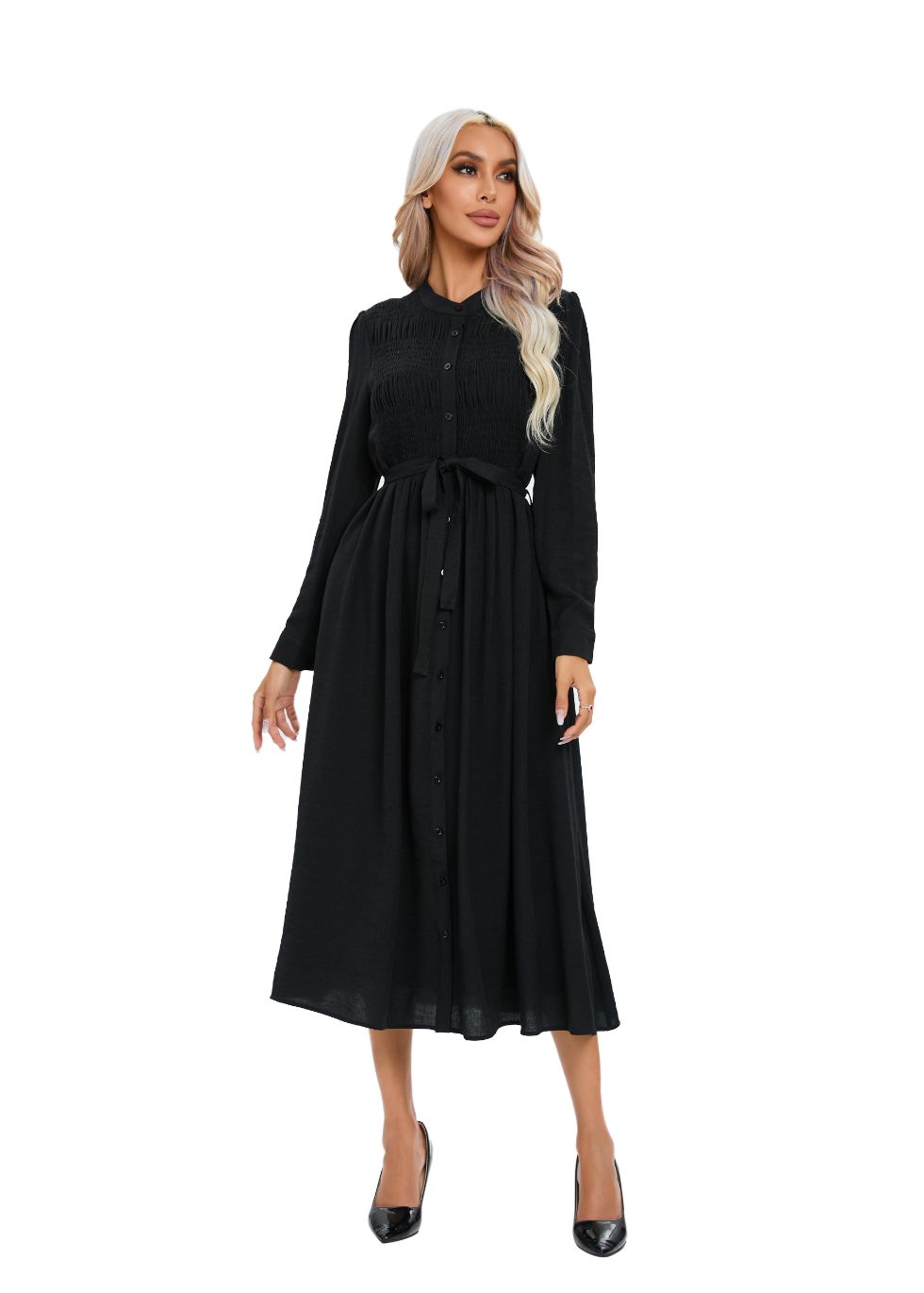 Mock Button Self Tie Midi Dress - alamaud