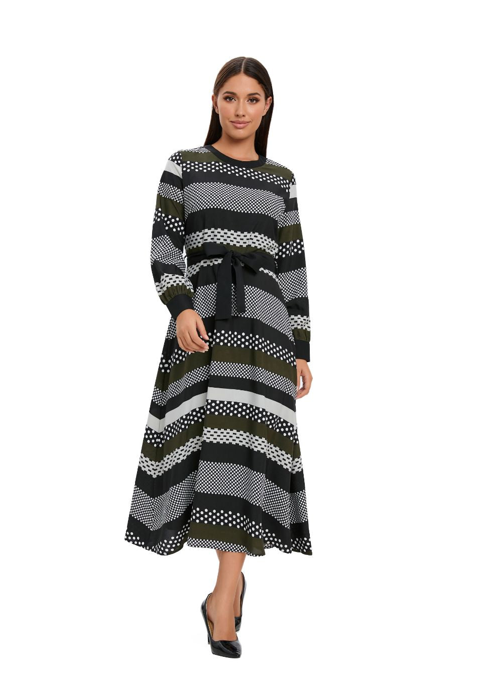 Striped Long Sleeve Midi Dress with Cuffed Sleeves - seilerlanguageservices