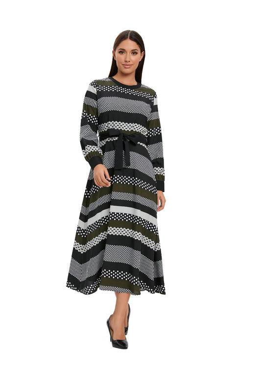 Striped Long Sleeve Midi Dress with Cuffed Sleeves - alamaud