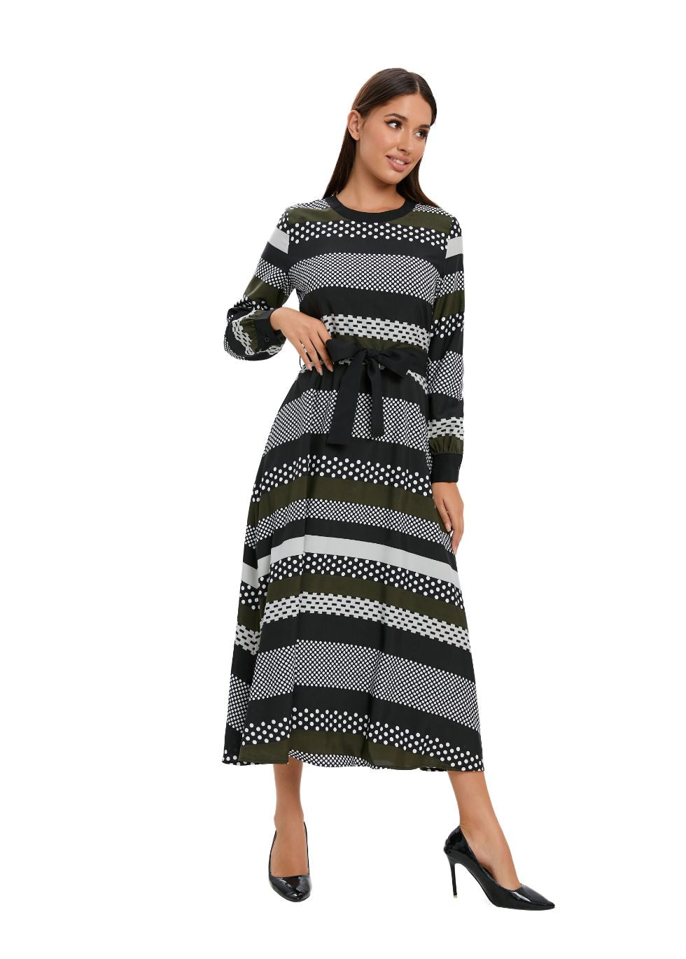 Striped Long Sleeve Midi Dress with Cuffed Sleeves - seilerlanguageservices