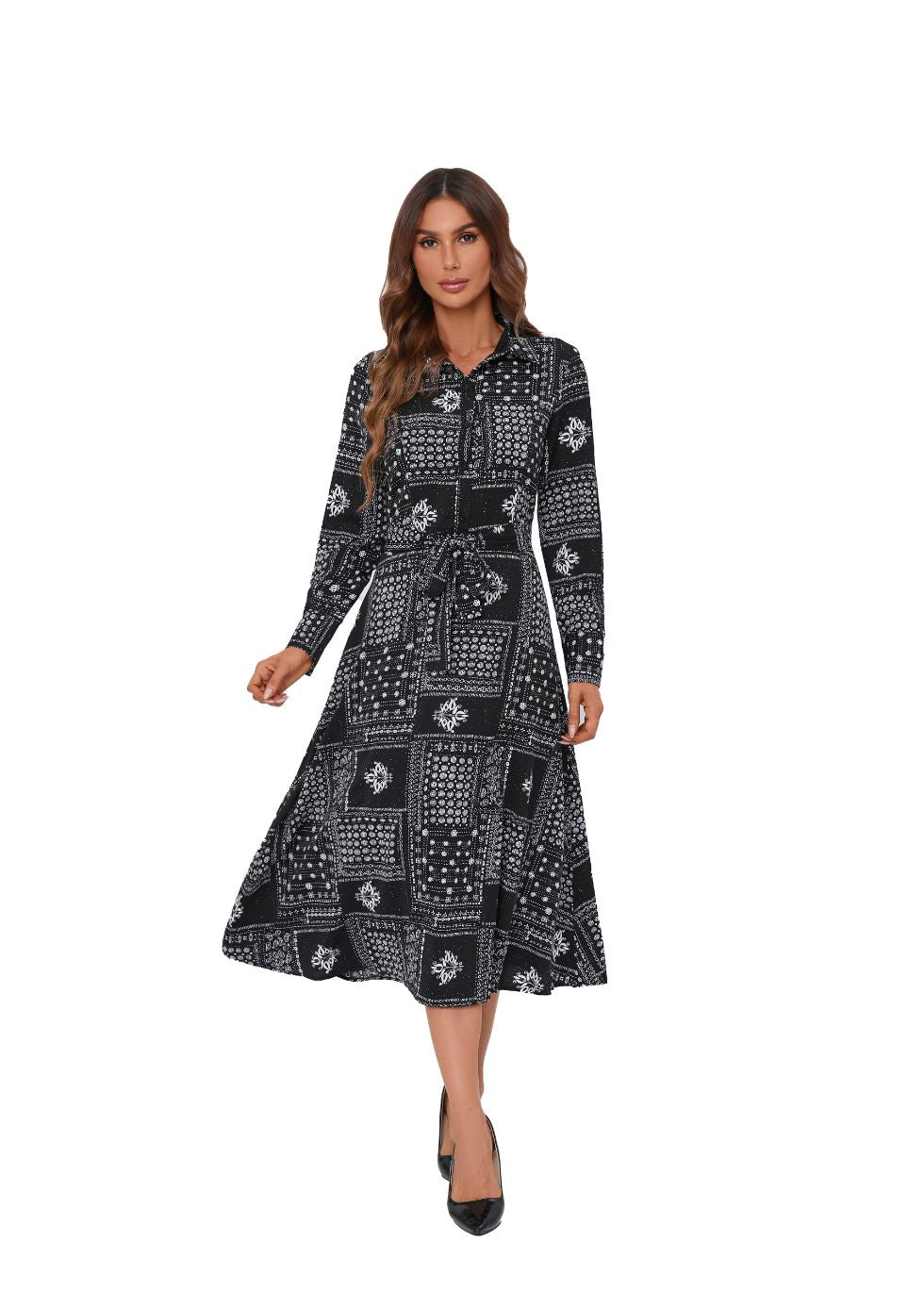 Collared Shirt Midi Dress with Mock Buttons - alamaud