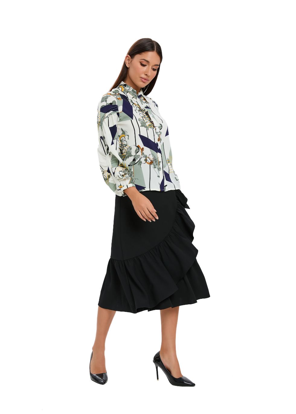 Button Down Collared Print Shirt - alamaud