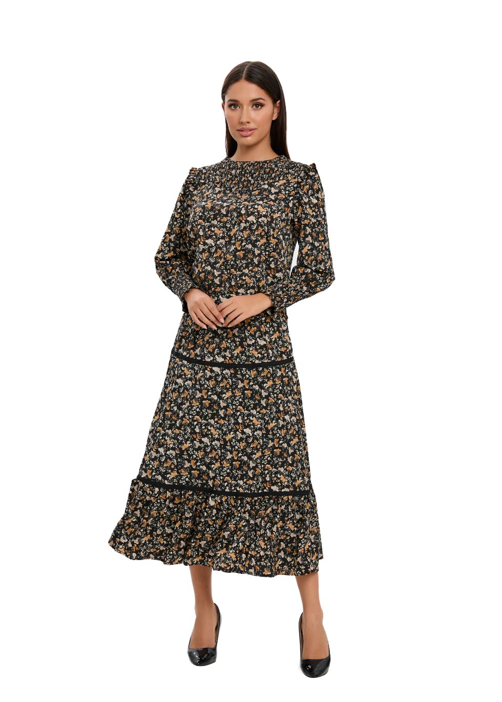 Small Floral Print Two Piece Midi Dress Set - seilerlanguageservices