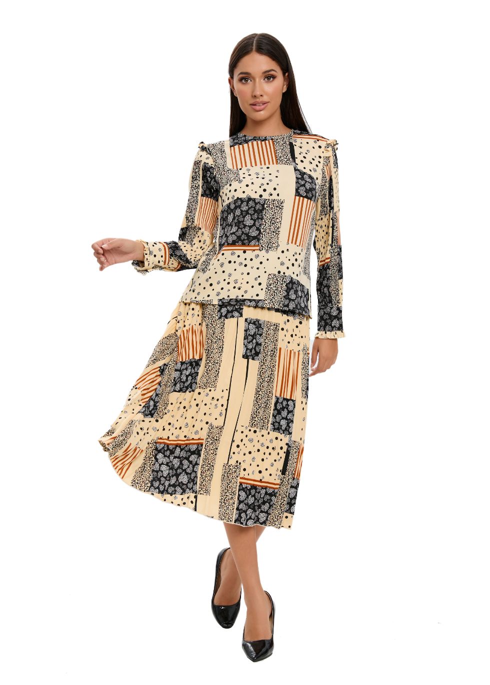 Abstract Print Two Piece Midi Dress Set - alamaud