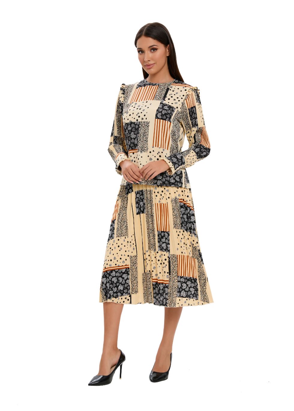 Abstract Print Two Piece Midi Dress Set - alamaud