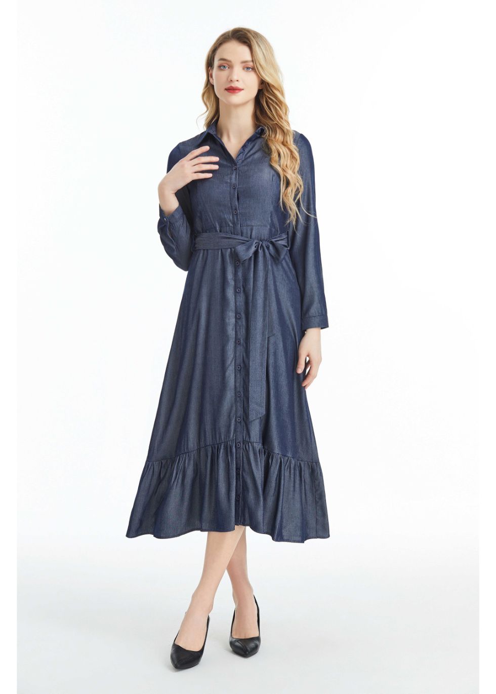 Denim Look Midi Dress with Cuffed Sleeves - seilerlanguageservices