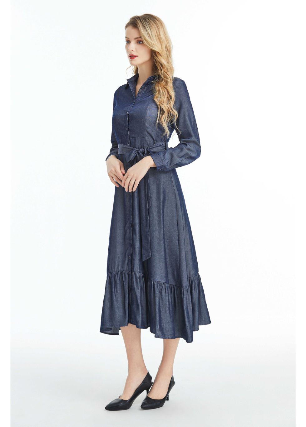 Denim Look Midi Dress with Cuffed Sleeves - seilerlanguageservices