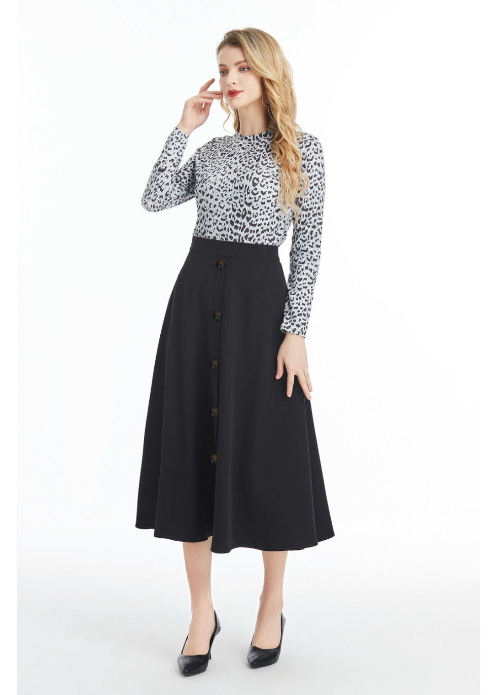 Fully Lined Black Midi Skirt with Front Button Detail - alamaud