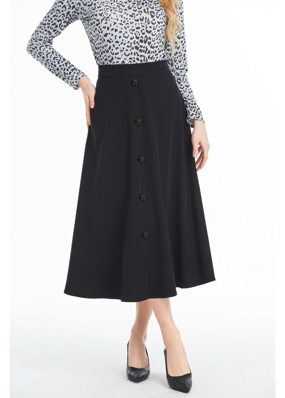 Fully Lined Black Midi Skirt with Front Button Detail - seilerlanguageservices