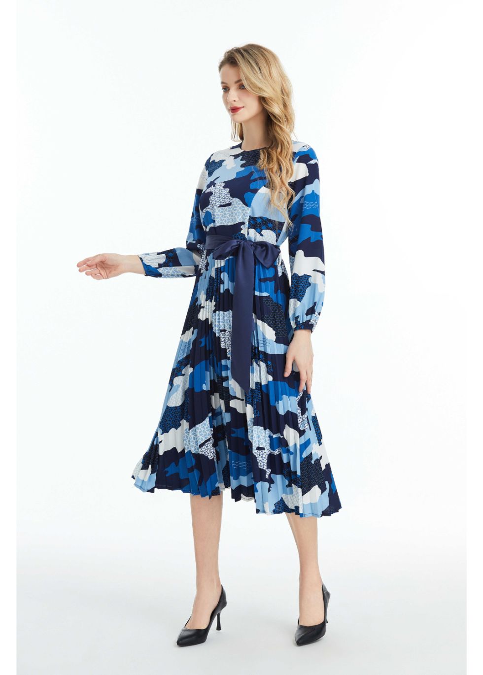 Long Sleeved Belted Colorful Print Midi Dress - seilerlanguageservices