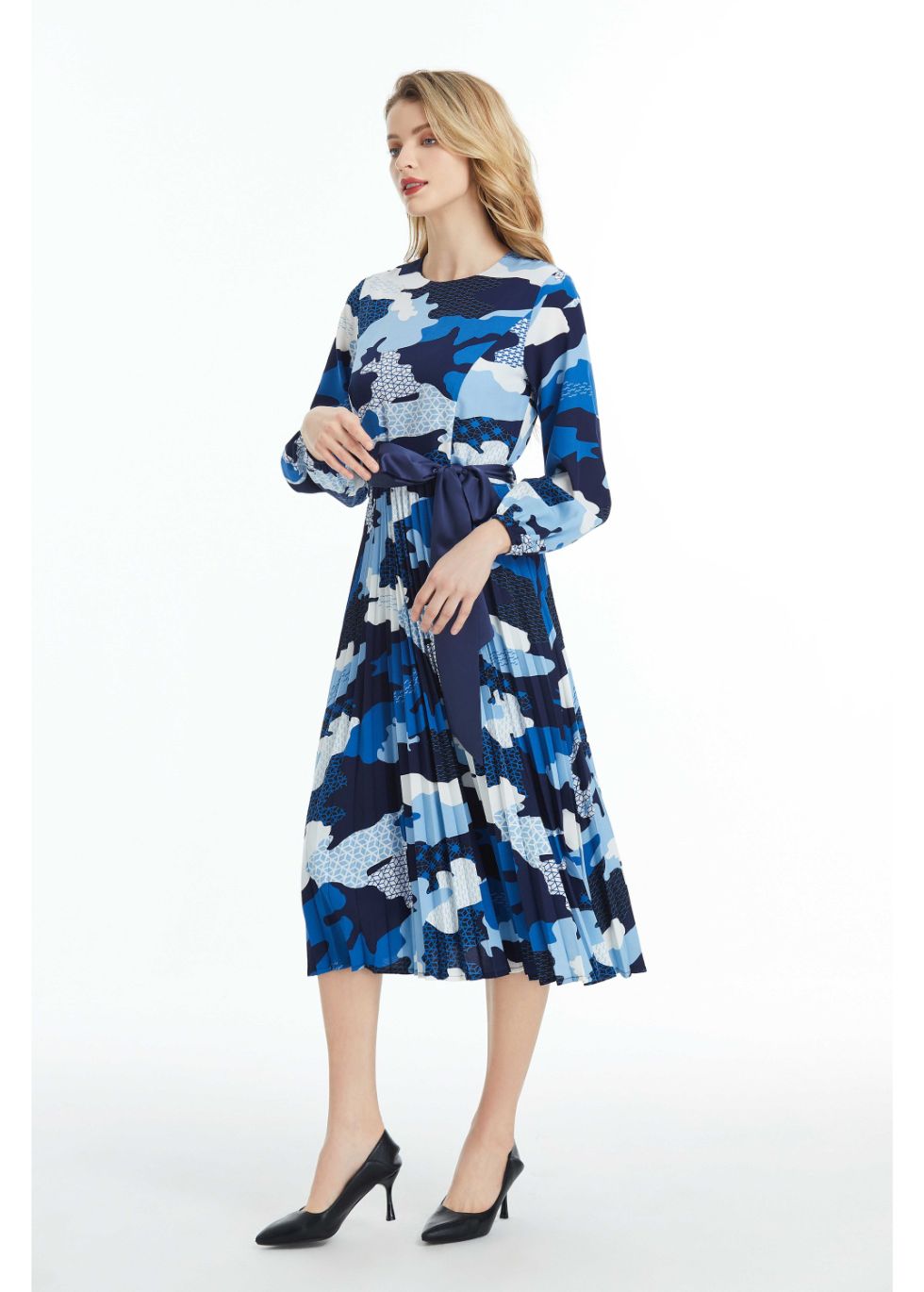 Long Sleeved Belted Colorful Print Midi Dress - seilerlanguageservices