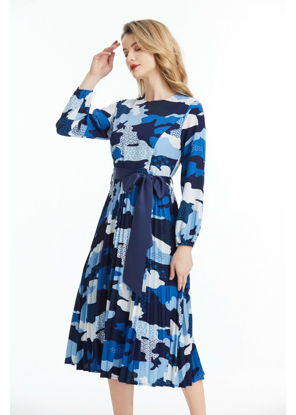 Long Sleeved Belted Colorful Print Midi Dress - seilerlanguageservices