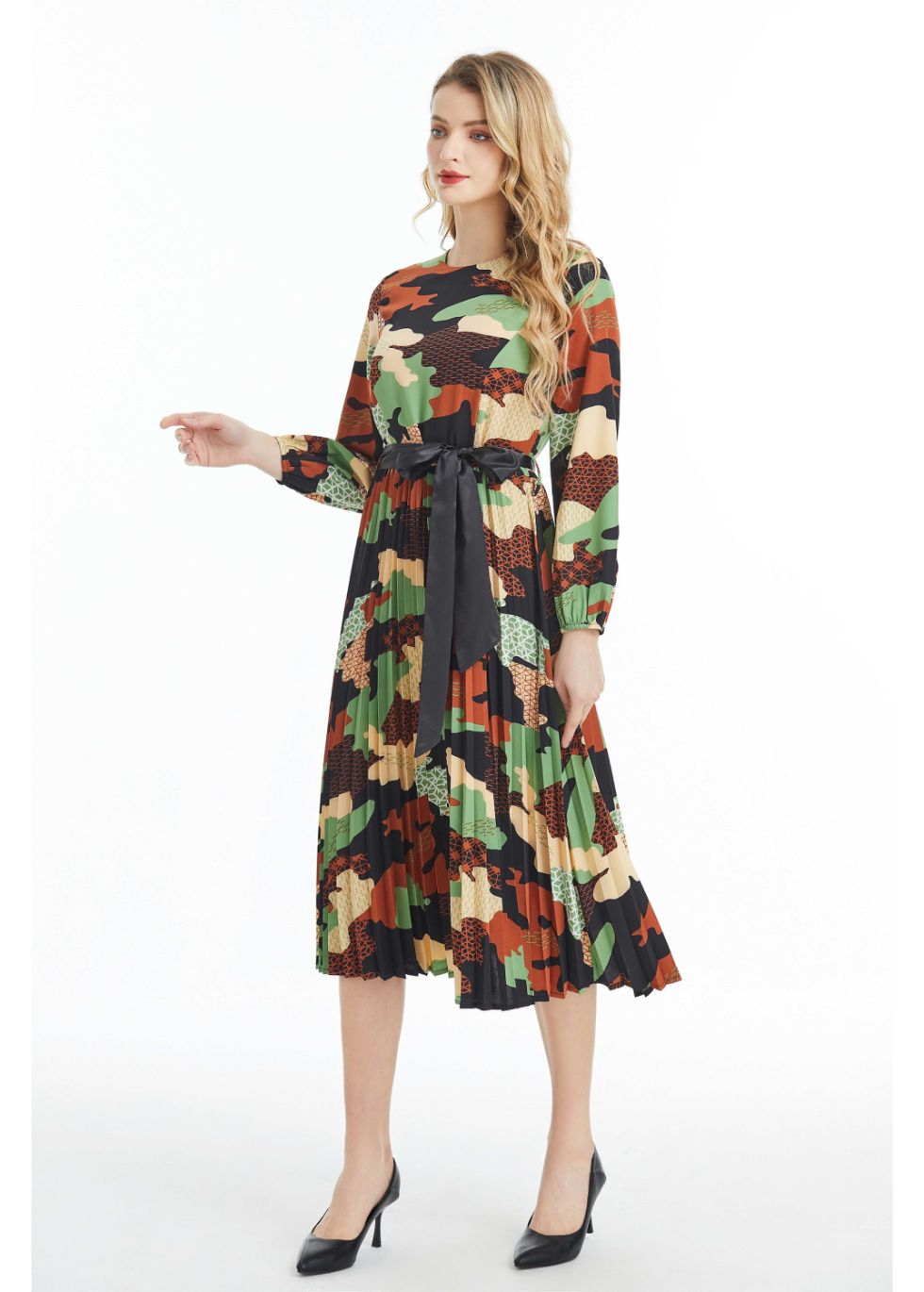 Long Sleeved Belted Colorful Print Midi Dress - seilerlanguageservices