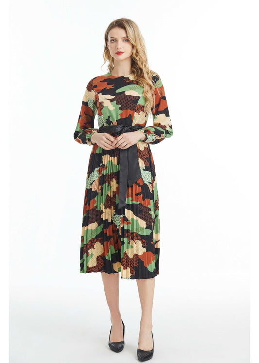 Long Sleeved Belted Colorful Print Midi Dress - alamaud