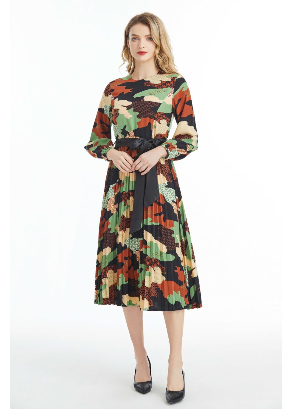 Long Sleeved Belted Colorful Print Midi Dress - seilerlanguageservices