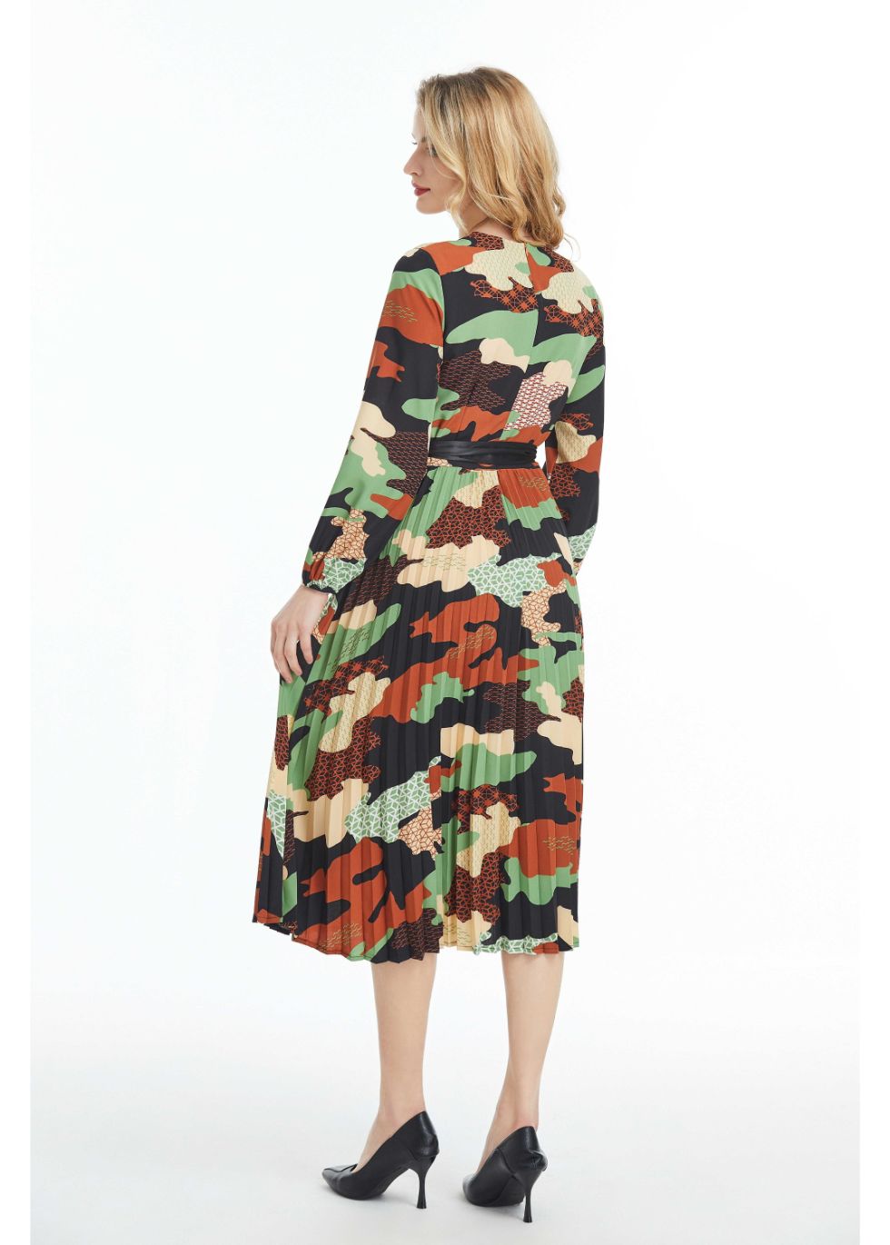 Long Sleeved Belted Colorful Print Midi Dress - alamaud