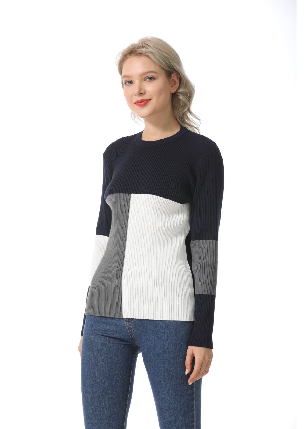 Long Sleeve Color Block Ribbed Sweater - alamaud