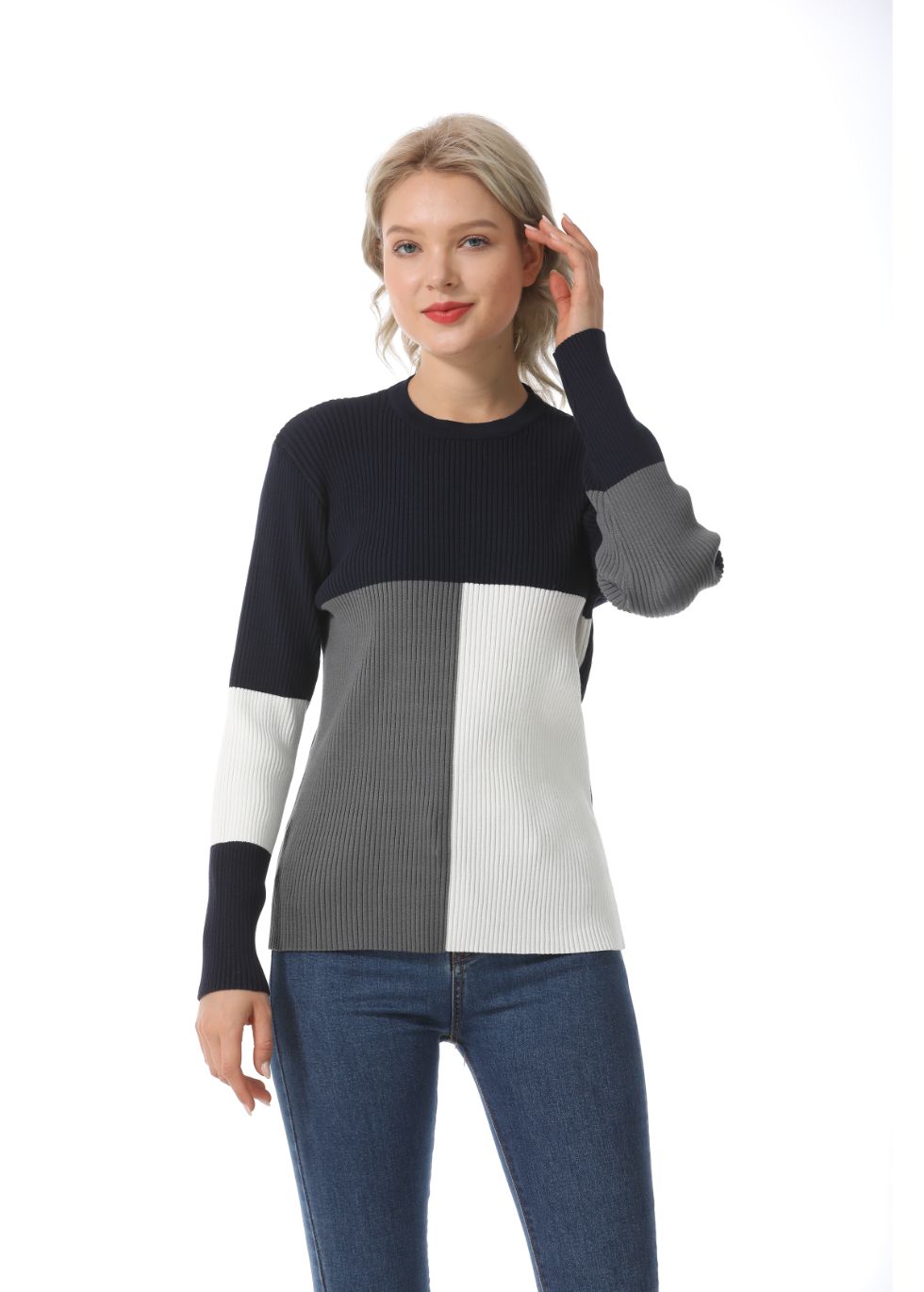 Long Sleeve Color Block Ribbed Sweater - alamaud