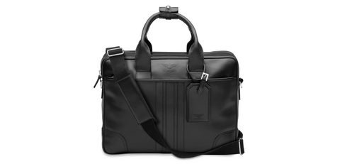 Bentley black leather work bag with top handle and shoulder strap