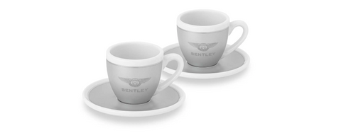 Set of two grey, white and silver espresso cups with Bentley emblems