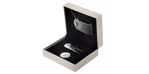 Golf gift set comprising stainless steel pitch fork, stainless steel ball marker and black leather pouch in grey Bentley box