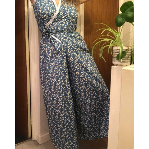 Meg wearing our 1930's blue floral lounging pajamas