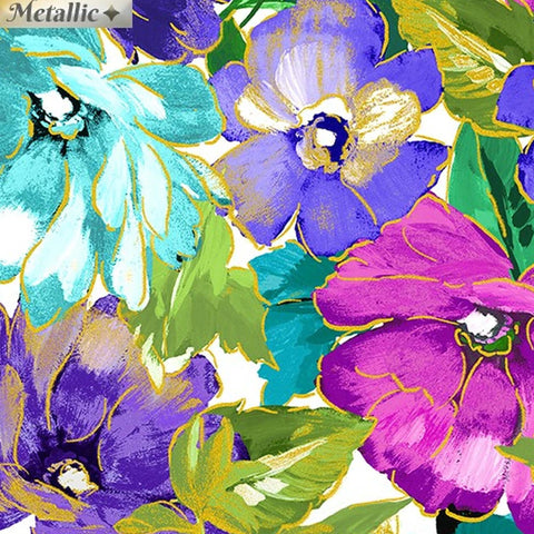 Metalic and bright pink purple and blue large floral fabric