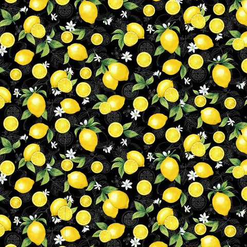 citron et fleurs blanches sur un tissu en coton noir
