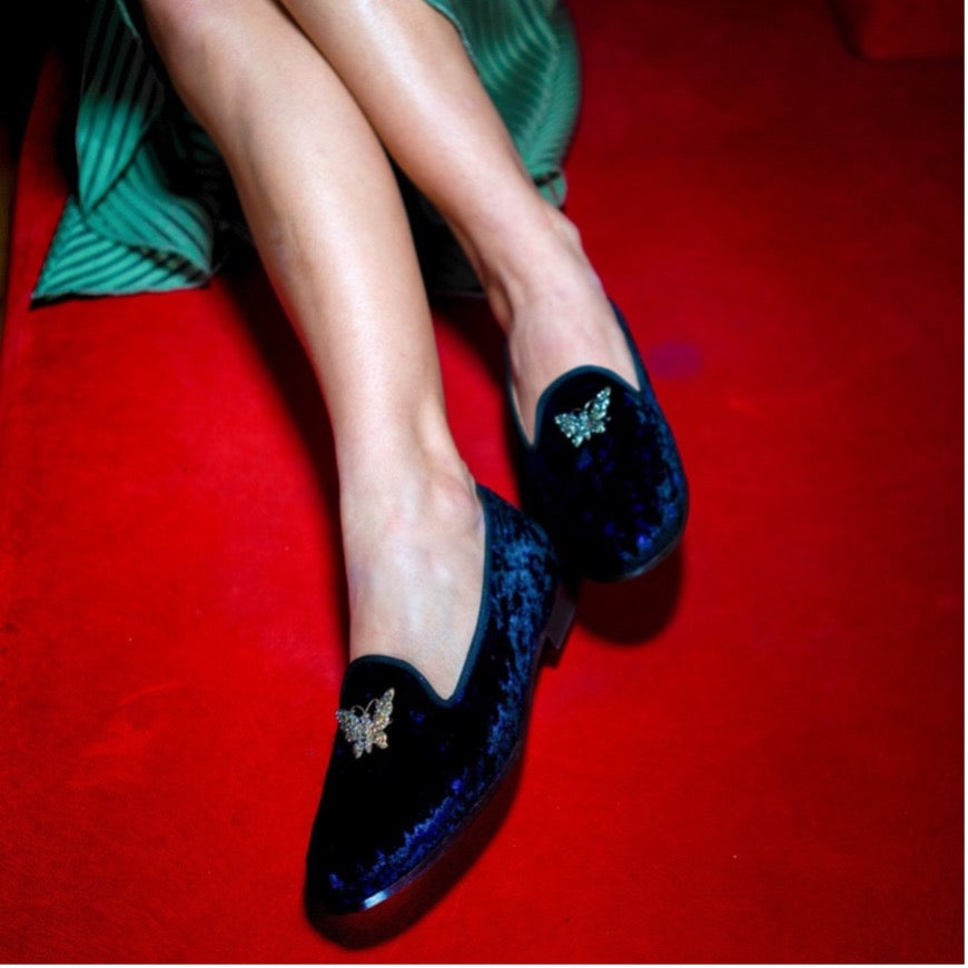 Blue crushed velvet with women's loafer