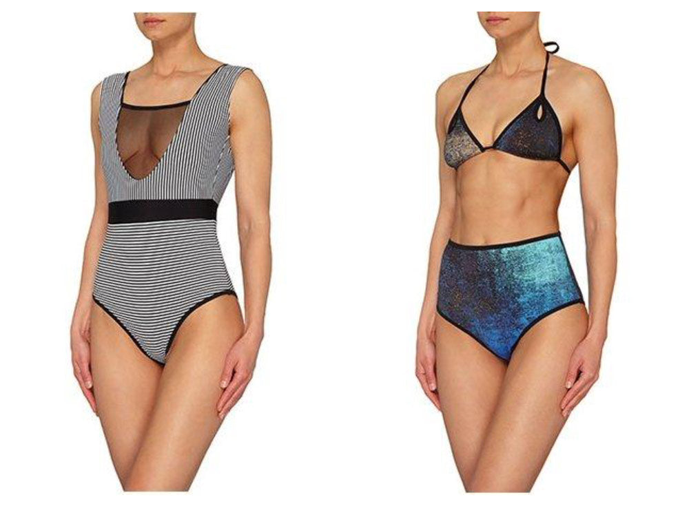 Blue Black Sumarie High Waisted Bikini Bottoms and triangle cutout bikini top and Black and white stripped mesh one piece swimsuit