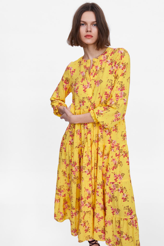 Zara yellow floral tiered long midi/ maxi dress – Manifesto Woman