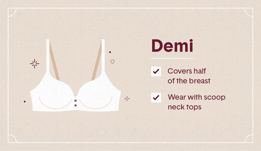 White illustration of a demi bra with surrounding decorative elements like stars and dots as well as two white check mark boxes