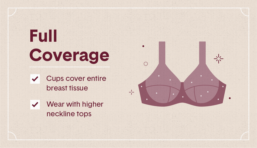  Light maroon illustration of a full coverage bra with white polka dots, surrounding decorative elements as well as two white check mark boxes