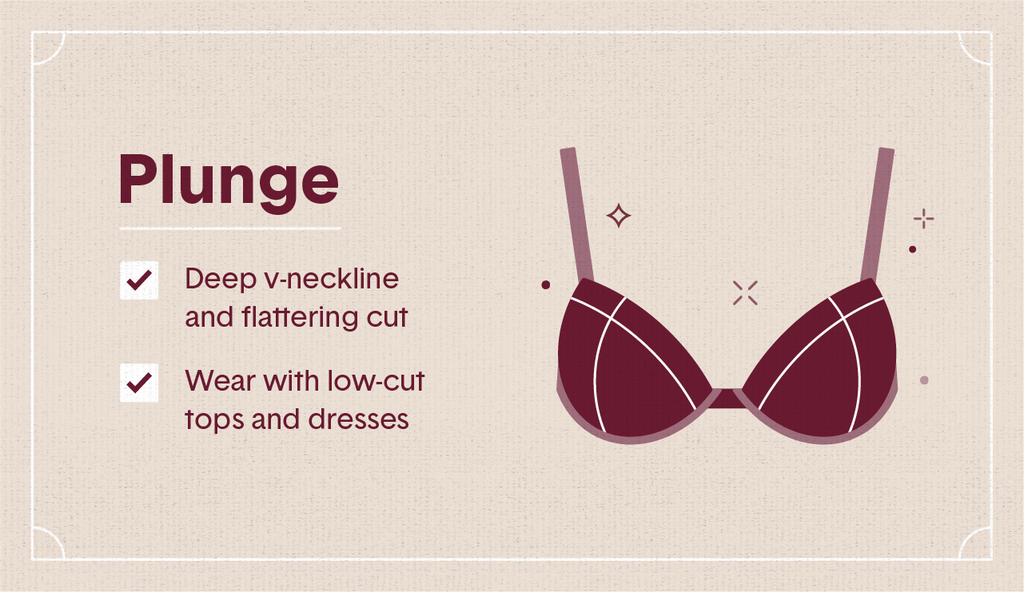 Maroon illustration of a plunge bra with white stripes, surrounding decorative elements as well as two white check mark boxes