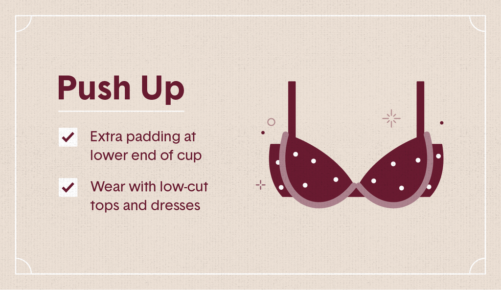 Maroon illustration of a push up bra with white polka dots with surrounding decorative elements as well as two white check mark boxes