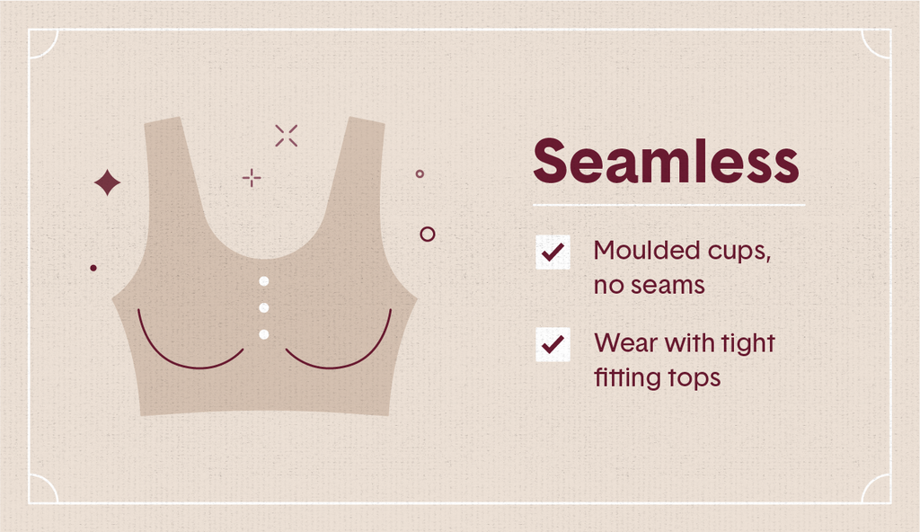 Beige illustration of a seamless bra with white buttons with surrounding decorative elements as well as two white check mark boxes