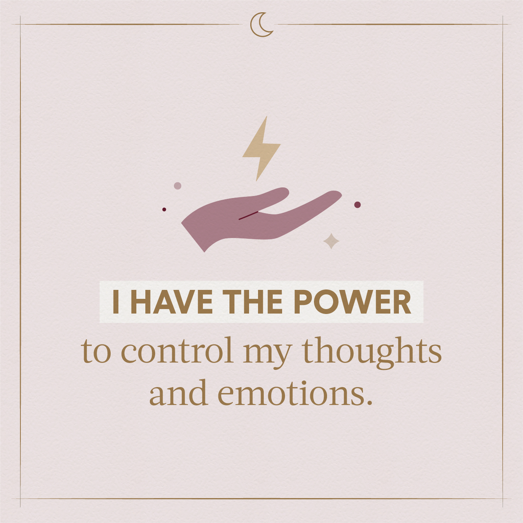 A pink illustrated hand holding a lightning bolt indicating using sleeping affirmations to feel more powerful and in control]